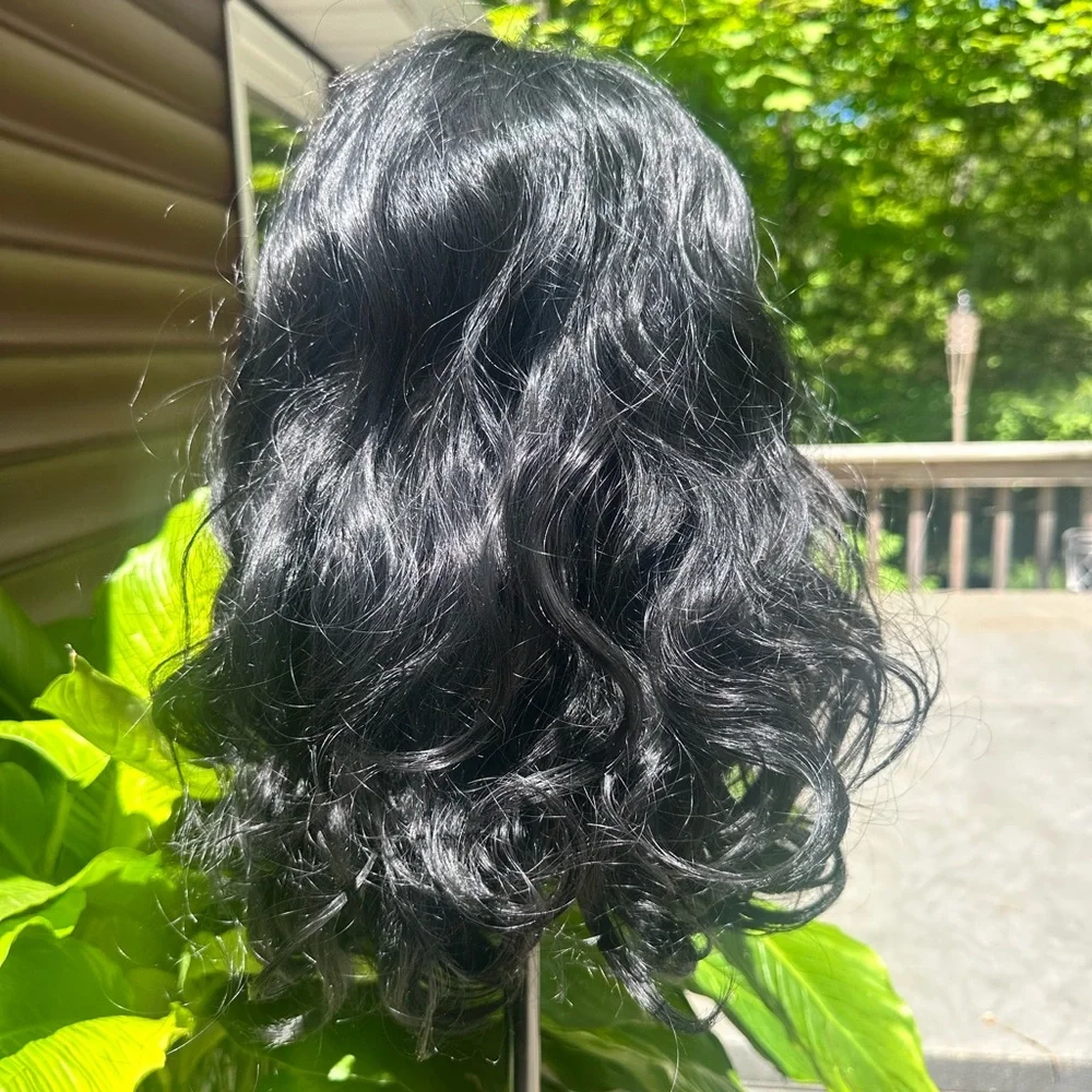 Elegant Betty Page Black Wave Wig With Bangs, Cap with Combs, Gently Worn